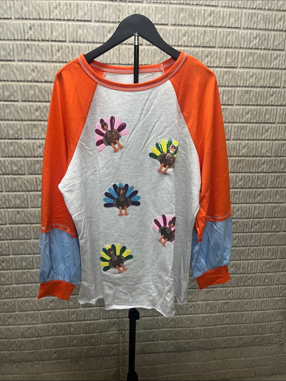 Girls' Orange Raglan Top with Colorful Turkey Appliqués